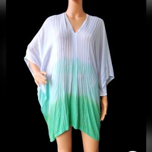 Alki'i White & Green Tie Dye 100% Rayon Kaftan Tunic Beach Cover Up Top O/S
